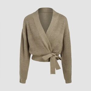 CIDER Khaki Wrap Cardigan Cross Knot Tie Front Cropped Sweater XL Oversized